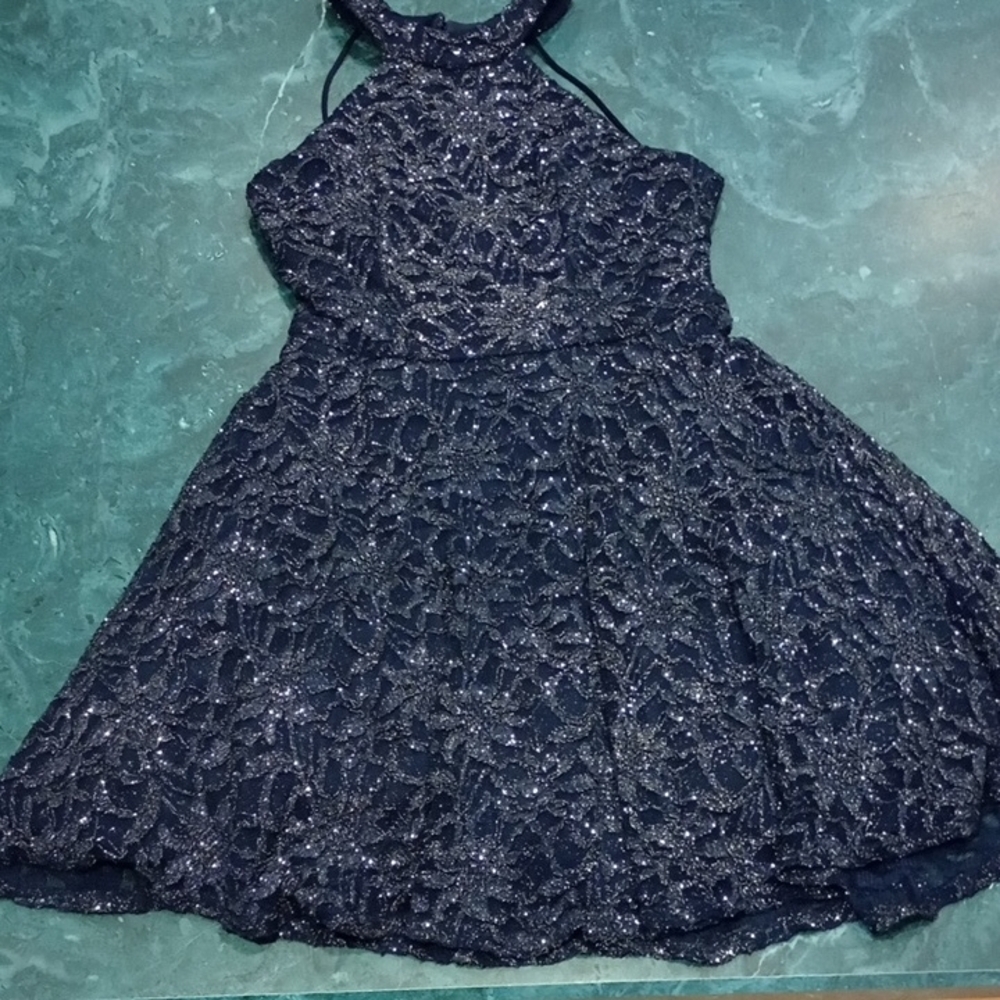 B. Smart Blue Halter Fit and Flare Prom Dress